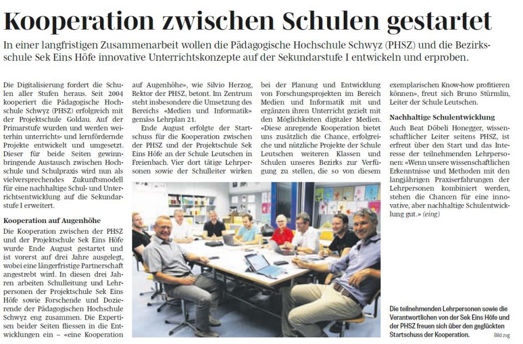 Zeitungsartikel "Kooperation zwischen Schulen gestartet, Höfner Volksblatt 5.9.17